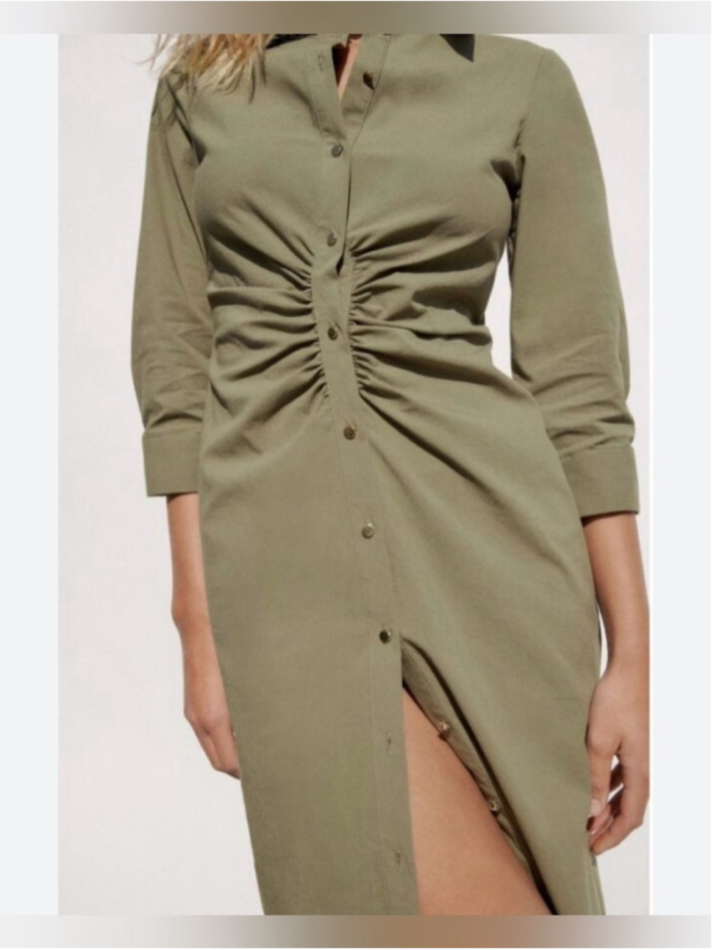 Zara Khaki Ruched Shirt Midi Dress Size M - Picture 3 of 8